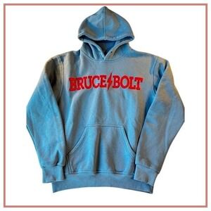 Bruce Bolt Hoodie Mens Medium Baby Blue Red Embroidered Spellout Soft Thick USA